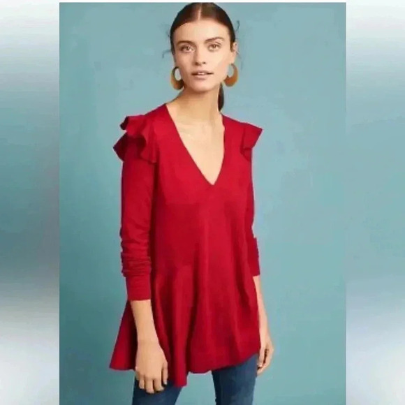 Moth Anthropologie sweater red v neck wool blend ruffled Medium - Picture 1 of 8